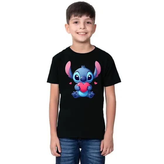 Camiseta Infantil Unissex Estampado Stitch Coração Fofo Promoção