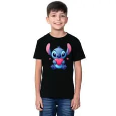 Camiseta Infantil Unissex Estampado Stitch Coração Fofo Promoção