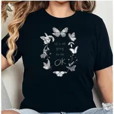 Camiseta Feminina Tshirt Frases Borboleta em Algodão Manga Curta Promoção
