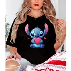 Camiseta Feminina de Algodão P ao GG Macia Stitch Coração Fofo Promoção