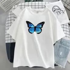 Blusa Feminina Borboleta Azul T-Shirt Manga Curta Gola Redonda 100% Algodão Malha Premium