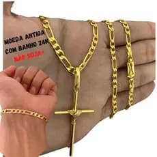 Cordão 3x1 e Pulseira 5 mm liga de moeda antiga banhado a ouro 18k