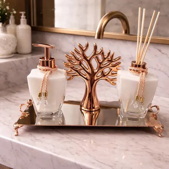 Kit Lavabo Rose Gold  Branco Árvore Vida Bandeja Sabonete Aromatizador
