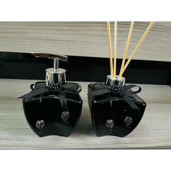 Kit Lavabo Vidro Preto Saboneteira + Difusor Banheiro Luxo Casa