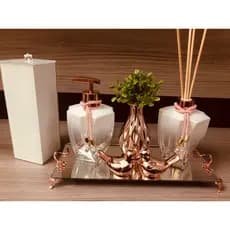 Kit Lavabo Pia Jogo Saboneteira Branco Rose Gold  Porta Escova
