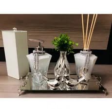 Kit Lavabo Pia Jogo Saboneteira Branco Prata Porta Escova