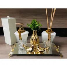 Kit Lavabo Pia Jogo Saboneteira Branco Dourado Gold Porta Escovas