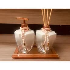 Kit Lavabo Rose Gold Branco Bandeja Saboneteira Difusor