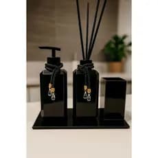 Kit Lavabo Banheiro Luxo Sabonete Líquido Porta Escovas de Dente e Aromatizador De Ambiente C/Bandeja Luxo Casa Espelho