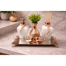 Kit Lavabo Rose Gold Branco 6 Peças Difusor Sabonete Bandeja