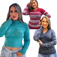 Blusinha Blusa em Tricot Gola V Mesclado manga longa barra e punho tricot com elastano
