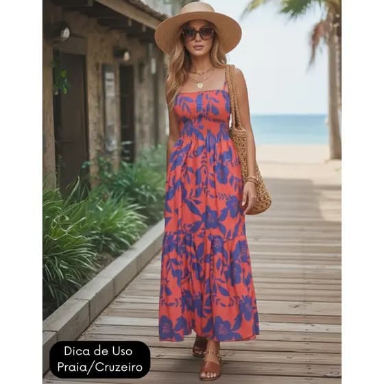 Vestido Feminino Estampado Longo Tomara que Caia Alça Lastex Fenda Lateral Soltinho Elegante
