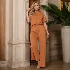 Conjunto Feminino Moletinho Calça Pantalona Blusa Manga Curta Premium