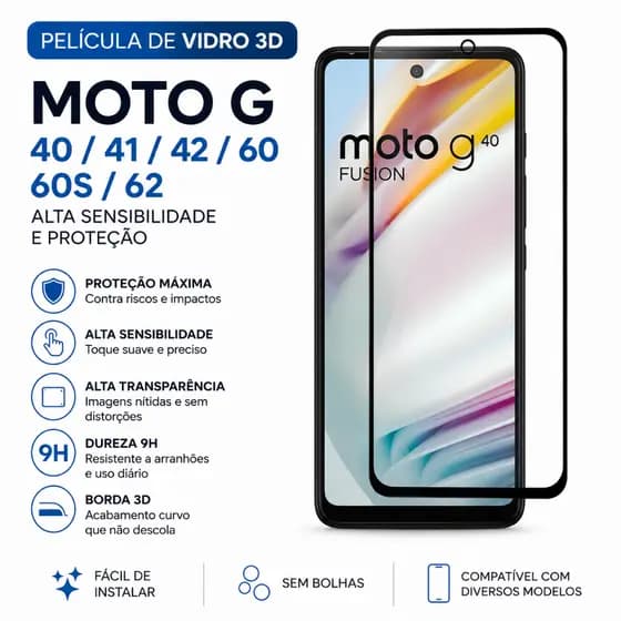 Película 3D Moto G40/G41/G42/G60/G60S/G62 - De Vidro P/ Celular  Alta Sensibilidade e Proteção