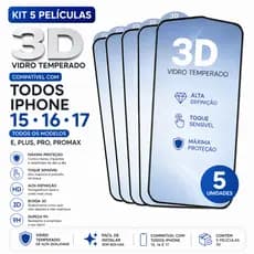 Kit 5 Película 3D Vidro Temperado Para Todos iPhone 15 16 e 17 E, Plus, Pro, Promax