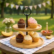 Suporte Duplo para Doces e Salgados 2 Andares feito em Bambu e Metal Porta Cupcake Decorativa Luxo