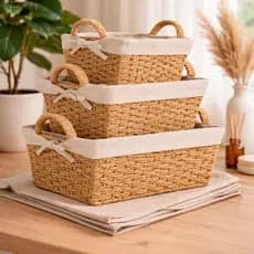 Kit 3 Cestos de Fibra Palha Seagrass Natural Organizador Retangular Alça com Forro e Alça Trançado