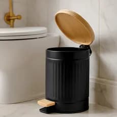 Lixeira de Metal 5 Litros com Tampa de Bambu com Pedal para Banheiro Escritorios de Embutir Fluted