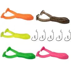 Kit 5 Isca Artificial Sapo Soft Frog 7,5cm Sinking + 5 Anzol Offset 2/0 Para Pesca de Traíra Tucunaré Black Bass