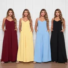 Macacão Pantalona Feminino Longo Plus Size com Bolso Alça Regulável Tecido Duna Elastano P M G GG G1 G2 12