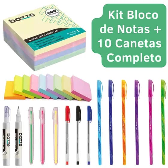 Kit Bloco Adesivo 400 Folhas Canetas Coloridas Marca Texto Ponta Fina Material Escolar Adesivo Fofo
