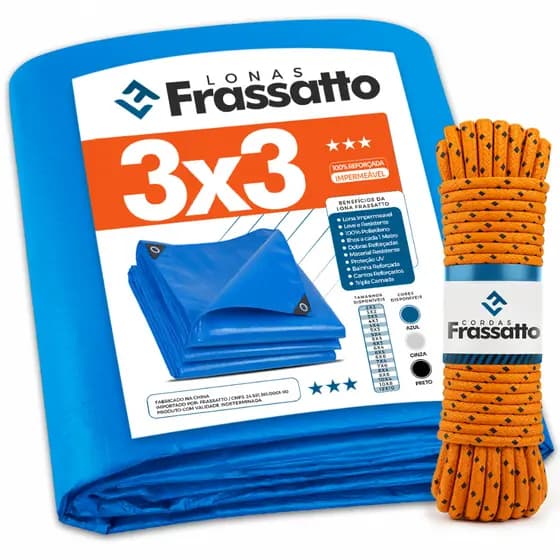 Lona Impermeavel 3x3 Metros Azul Reforçada Multiuso Piscina Proteção Uv Com Ilhós Frassatto + Corda