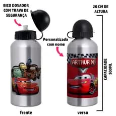 Garrafa Squeeze de alumínio 500ml - Tema carros - Personalizada com nome
