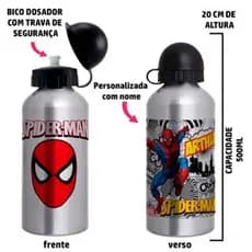 Garrafa Squeeze de alumínio infantil - Tema Homem Aranha Personalizada com Nome