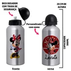 Garrafa Squeeze de alumínio infantil - Tema Minnie com nome
