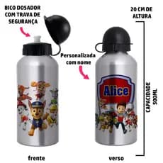 Garrafa Squeeze de alumínio Patrulha Canina- Personalizada com nome