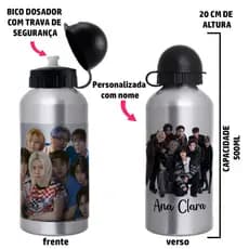 Garrafa Squeeze de alumínio infantil - Stray Kids  Personalizada com nome