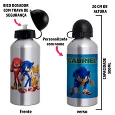 Garrafa Squeeze de alumínio infantil - Tema Sonic com nome