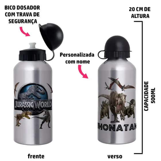 Garrafa Squeeze de alumínio Dinossauro  Jurassic World - Personalizada com nome