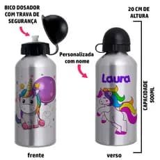Garrafa Squeeze de alumínio Unicórnio -  Personalizada com nome
