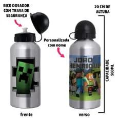 Garrafa Squeeze de alumínio infantil - Minecraft com nome
