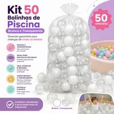 50 Bolinhas de Piscina Infantil Branca e Transparente 71mm Brinquedo Decoração Artesanato