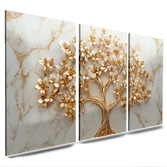 Quadro Decorativo 3 peças 40x60 Estilo em Detalhe arvore gold luxo marmore branco elegante