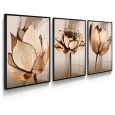 Quadro Decorativo 3 peças 40x60 Sala quarto cozinha Flores Folha Tom Cobre Jantar Moderno