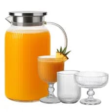 Kit Jogo Canelado Jarra Borossilicato Copo Taça Sobremesa Suco Água Drinks Conjunto Jogo de Mesa