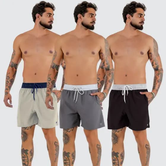 Kit 3 Shorts Masculino Elastano Cós Duplo Treino Praia Corrida Academia