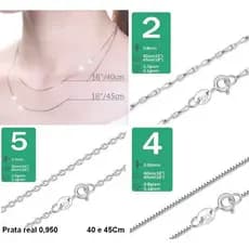 Corrente Prata 950 real fina 40 e ou 45 cm 3 Modelos Palito, Veneziana, Cadeado Laminado