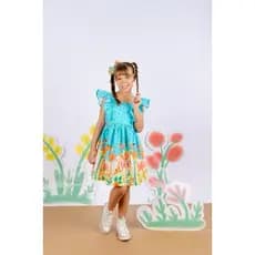 Vestido infantil tropical selva colorida com laço