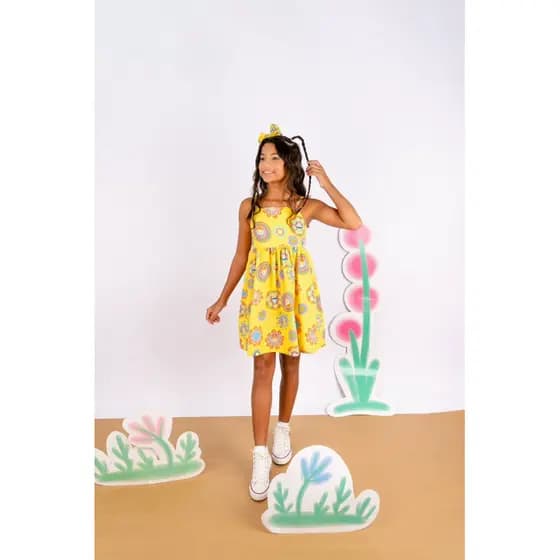 Vestido infantil alça amarelo tropical