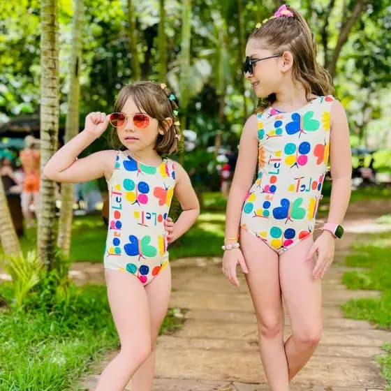 Kit Maiô + Laço de cabelo estampa combinando colorida feliz novidade promoção