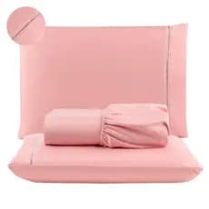 Jogo Lencol Roupa Cama Casal Padrao 03 peças C/Elastico liso Micropercal 400 fios com detalhe em ponto palito.
