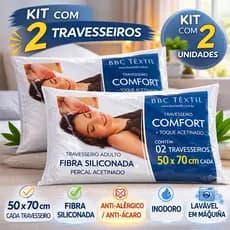 Kit 2 Travesseiros Confort Percal Acetinado 50x70cm - Fibra Siliconada Antialérgico e Lavável