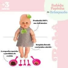 Boneca Babidu Papinha Com Acessórios De Cozinha Polietileno Vinil Tecido 33cm