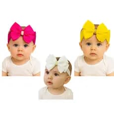 Kit 3 Tiaras Bebê Menina Faixa Elástica com Laço de Pérolas