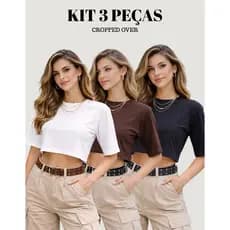 Kit 3 Cropped Feminino Over Sized Gola Alta 100% Algodão Moda Blogueira Bege Preto Marrom Branco