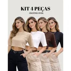 Kit 4 Cropped OverSize 100% Algodão Feminino Larguinho Básica Liso Preto Marrom Branco Bege Academia